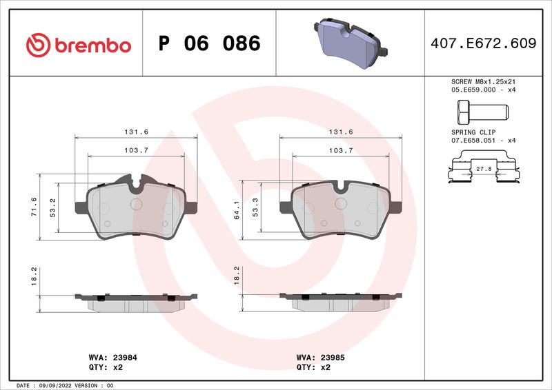 Zestaw klocków hamulcowych, hamulce tarczowe BREMBO P 06 086