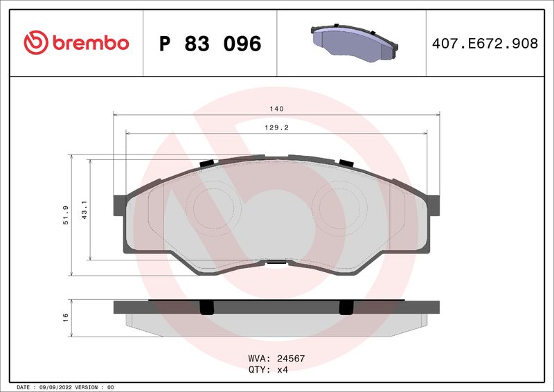 Zestaw klocków hamulcowych, hamulce tarczowe BREMBO P 83 096