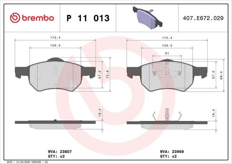 Zestaw klocków hamulcowych, hamulce tarczowe BREMBO P 11 013
