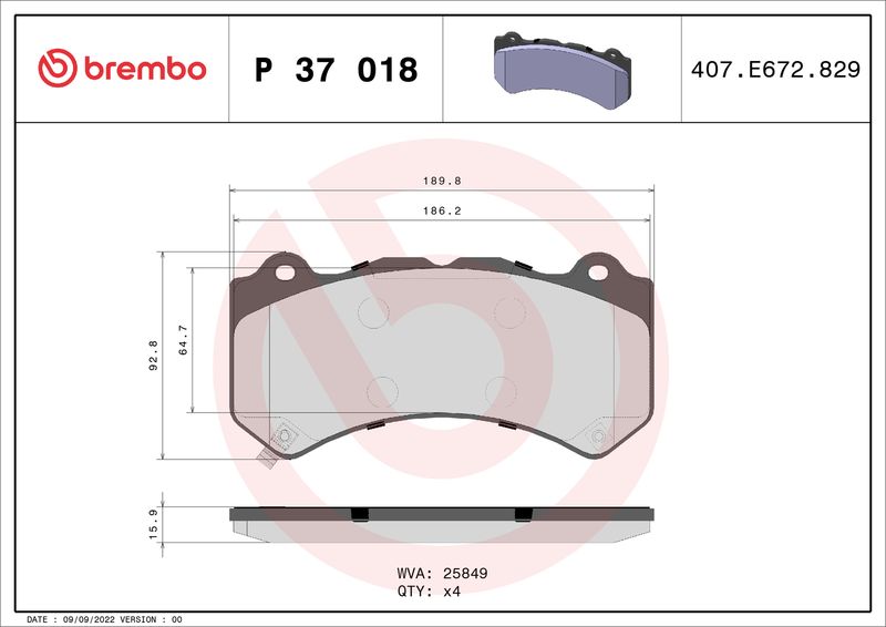 Zestaw klocków hamulcowych, hamulce tarczowe BREMBO P 37 018