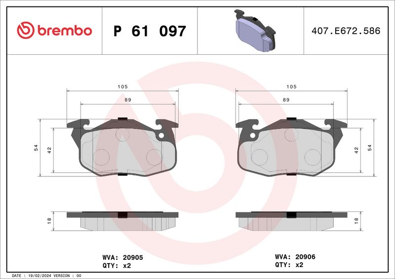 Zestaw klocków hamulcowych, hamulce tarczowe BREMBO P 61 097