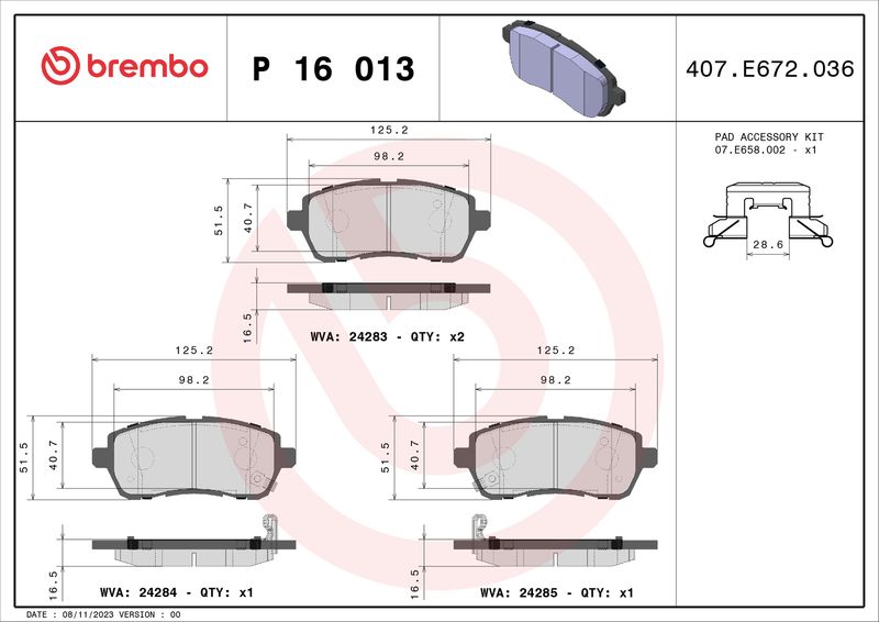 Zestaw klocków hamulcowych, hamulce tarczowe BREMBO P 16 013X