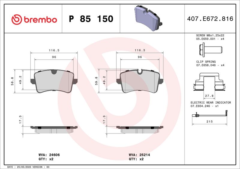 Zestaw klocków hamulcowych, hamulce tarczowe BREMBO P 85 150X