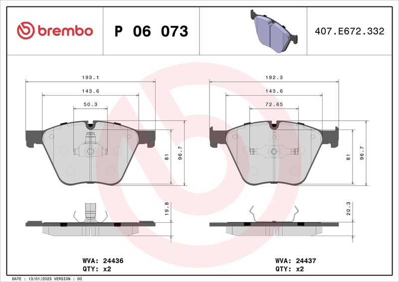 Zestaw klocków hamulcowych, hamulce tarczowe BREMBO P 06 073