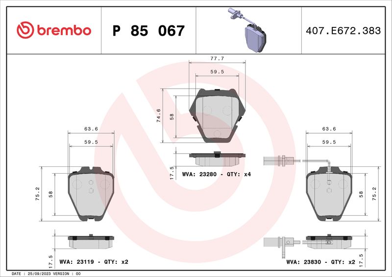 Zestaw klocków hamulcowych, hamulce tarczowe BREMBO P 85 067