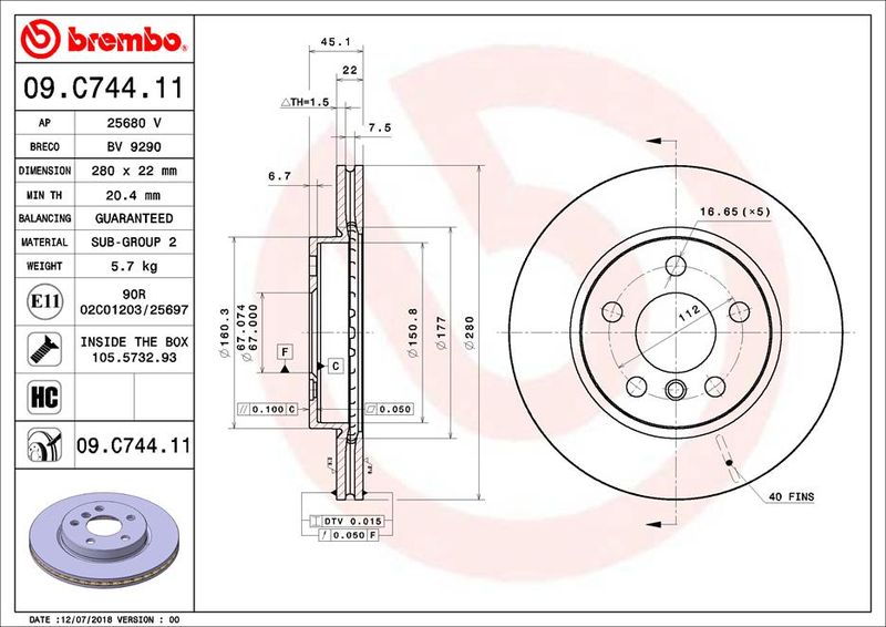 Tarcza hamulcowa BREMBO 09.C744.11