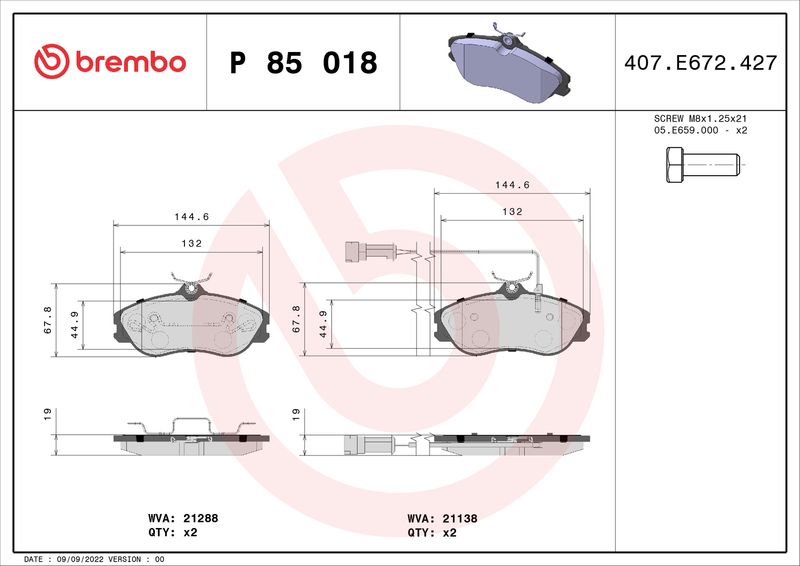 Zestaw klocków hamulcowych, hamulce tarczowe BREMBO P 85 018