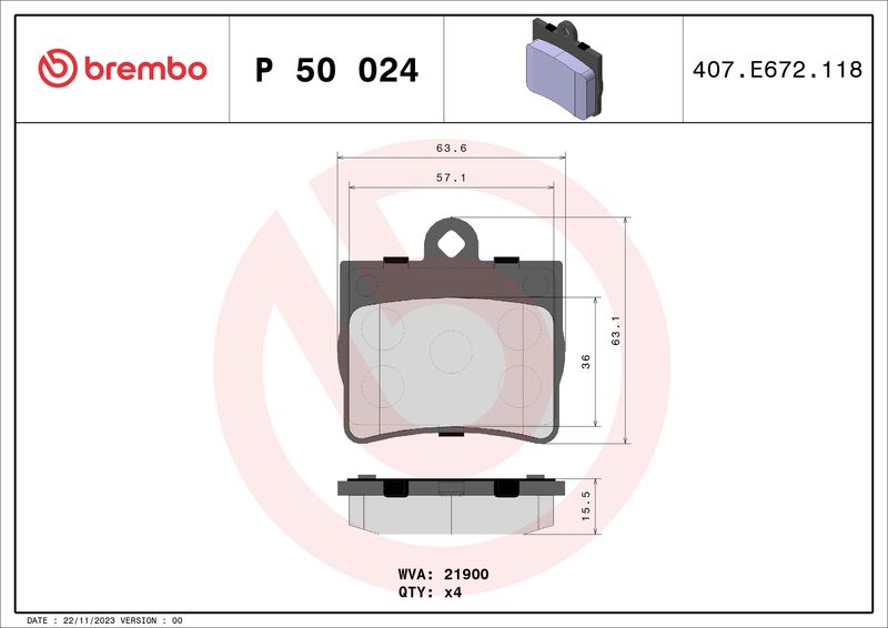 Zestaw klocków hamulcowych, hamulce tarczowe BREMBO P 50 024