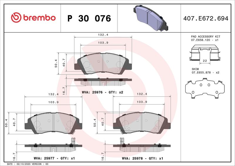 Zestaw klocków hamulcowych, hamulce tarczowe BREMBO P 30 076
