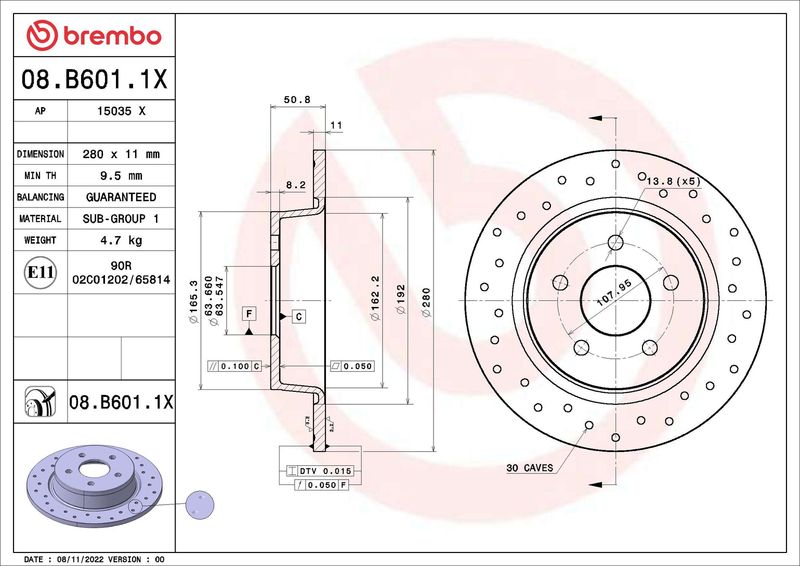 Tarcza hamulcowa BREMBO 08.B601.1X