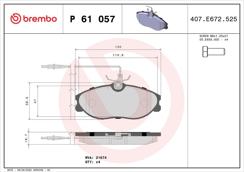 Zestaw klocków hamulcowych, hamulce tarczowe BREMBO P 61 057