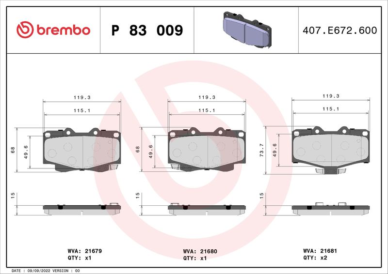 Zestaw klocków hamulcowych, hamulce tarczowe BREMBO P 83 009