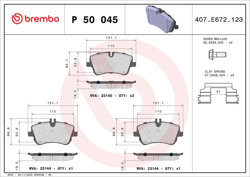 Zestaw klocków hamulcowych, hamulce tarczowe BREMBO P 50 045X