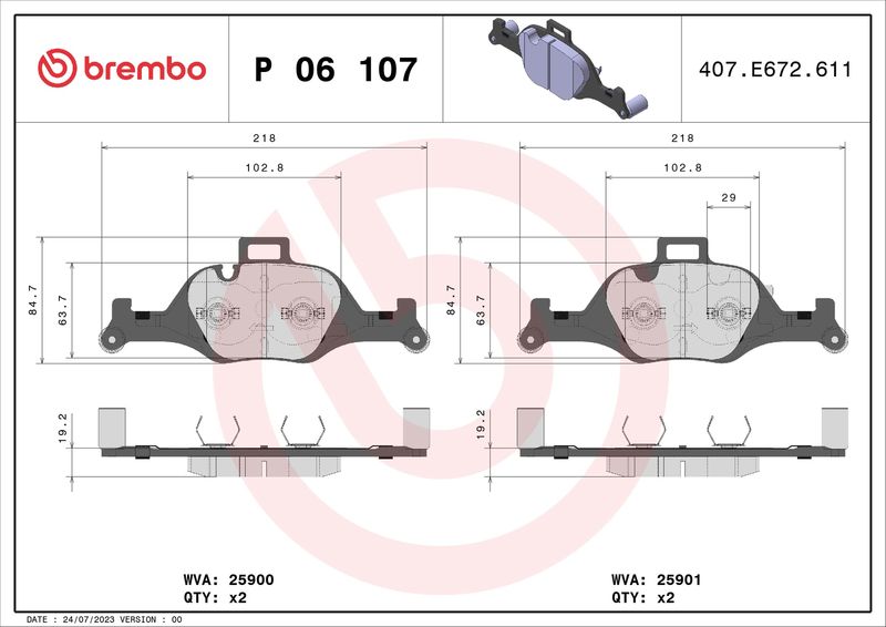 Zestaw klocków hamulcowych, hamulce tarczowe BREMBO P 06 107