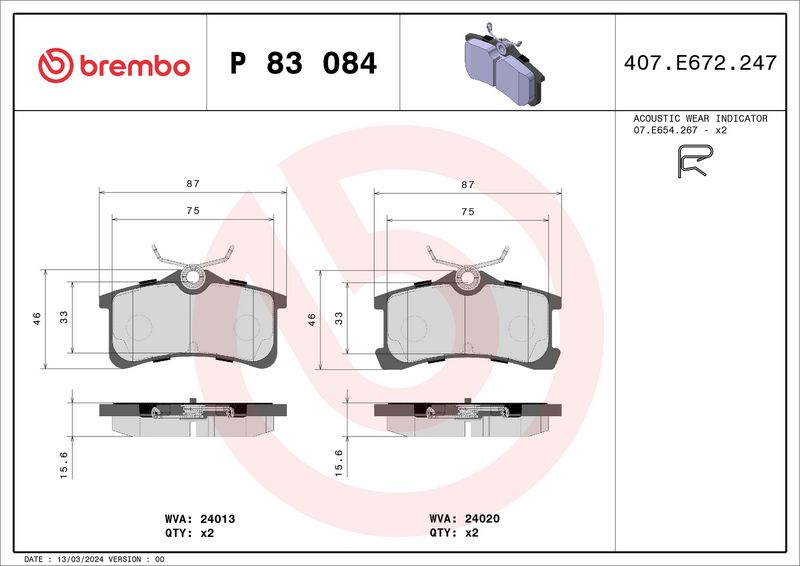 Zestaw klocków hamulcowych, hamulce tarczowe BREMBO P 83 084