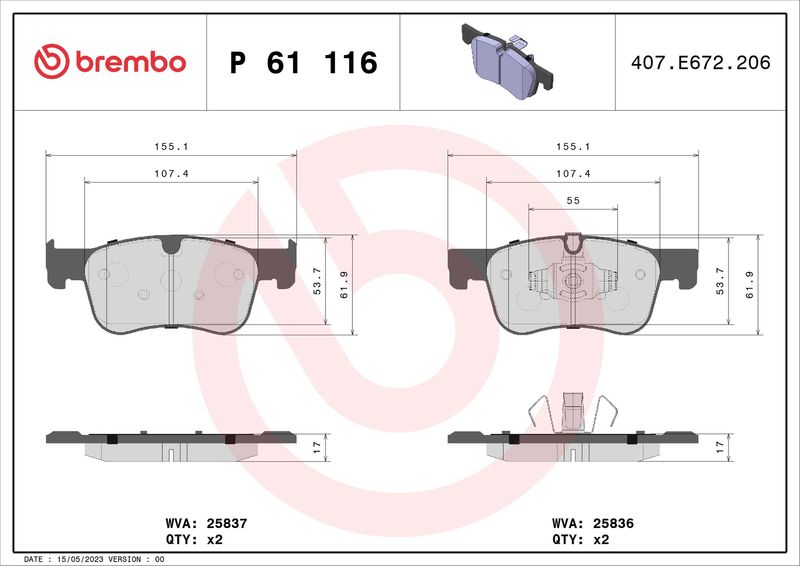 Zestaw klocków hamulcowych, hamulce tarczowe BREMBO P 61 116