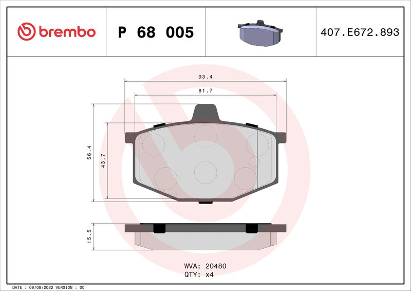 Zestaw klocków hamulcowych, hamulce tarczowe BREMBO P 68 005