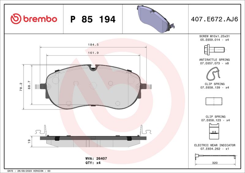 Zestaw klocków hamulcowych, hamulce tarczowe BREMBO P 85 194