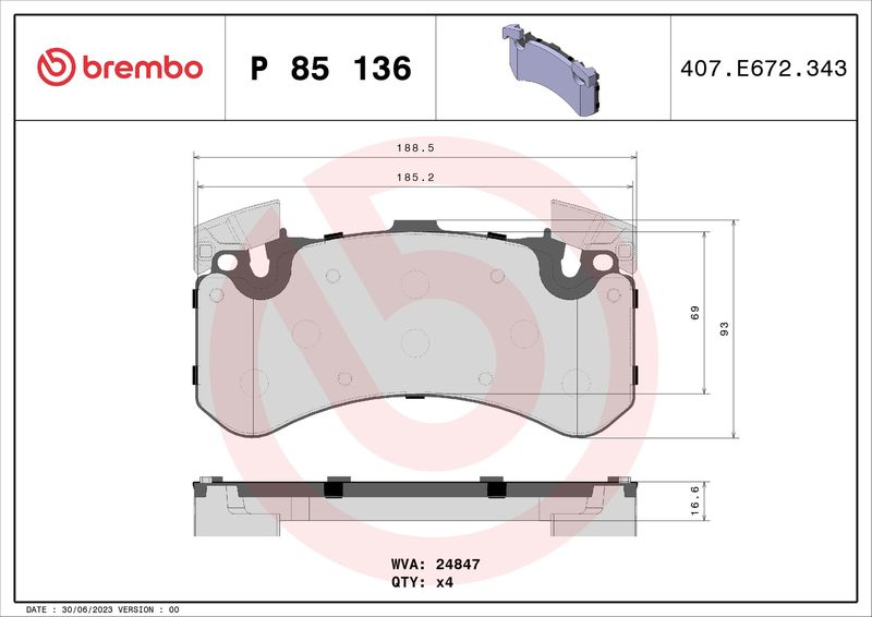 Zestaw klocków hamulcowych, hamulce tarczowe BREMBO P 85 136