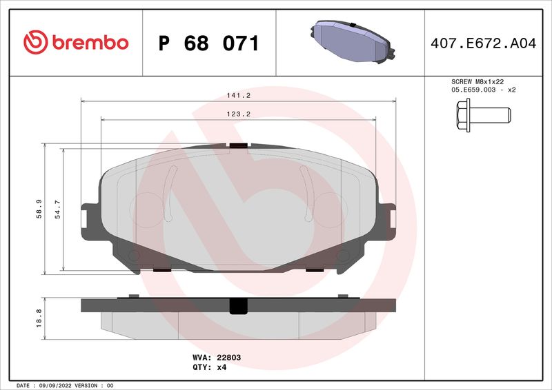 Zestaw klocków hamulcowych, hamulce tarczowe BREMBO P 68 071