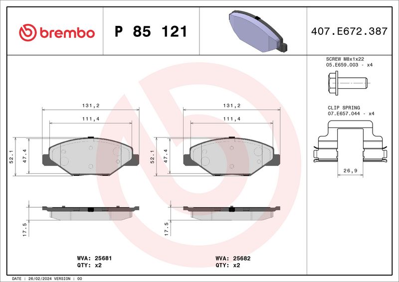 Zestaw klocków hamulcowych, hamulce tarczowe BREMBO P 85 121X