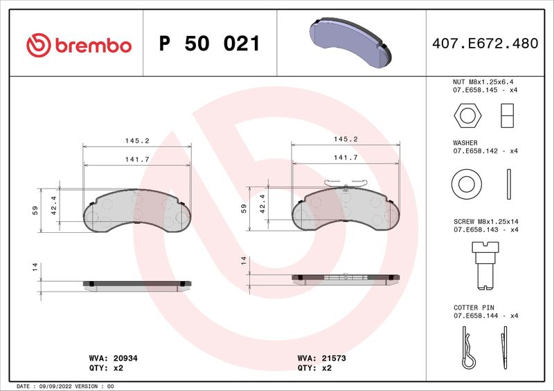 Zestaw klocków hamulcowych, hamulce tarczowe BREMBO P 50 021