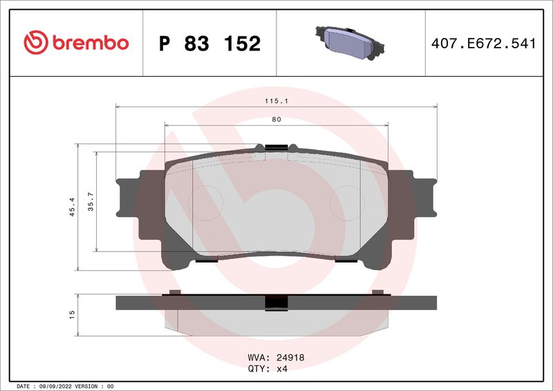 Zestaw klocków hamulcowych, hamulce tarczowe BREMBO P 83 152