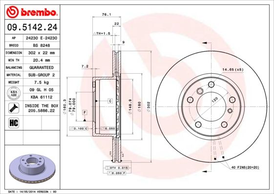 Tarcza hamulcowa BREMBO 09.5142.24