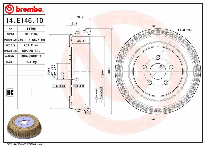 Bęben hamulcowy BREMBO 14.E146.10