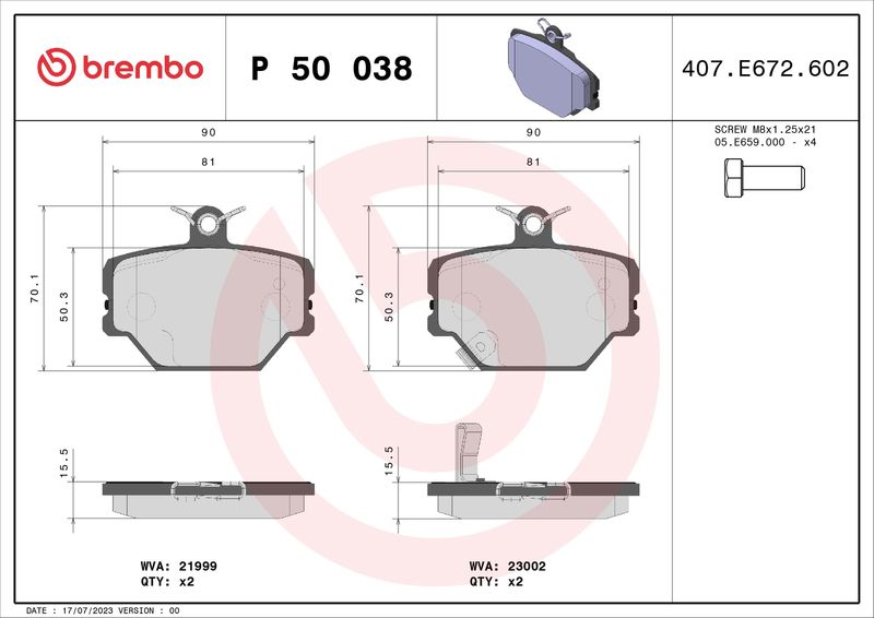 Zestaw klocków hamulcowych, hamulce tarczowe BREMBO P 50 038