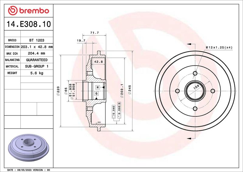 Bęben hamulcowy BREMBO 14.E308.10