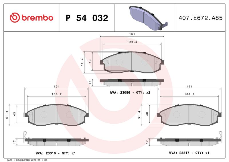Zestaw klocków hamulcowych, hamulce tarczowe BREMBO P 54 032