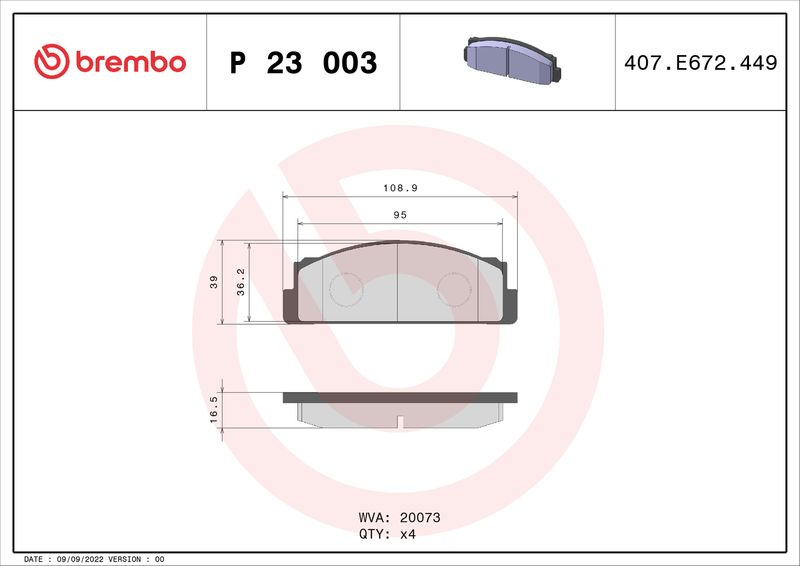 Zestaw klocków hamulcowych, hamulce tarczowe BREMBO P 23 003