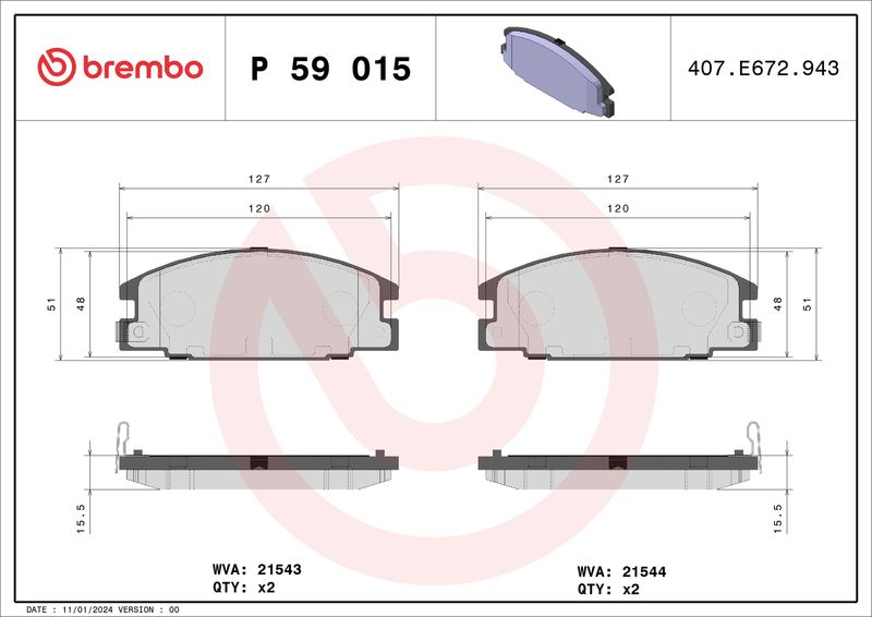 Zestaw klocków hamulcowych, hamulce tarczowe BREMBO P 59 015
