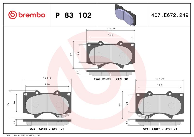 Zestaw klocków hamulcowych, hamulce tarczowe BREMBO P 83 102X