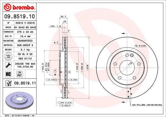 Tarcza hamulcowa BREMBO 09.8519.11
