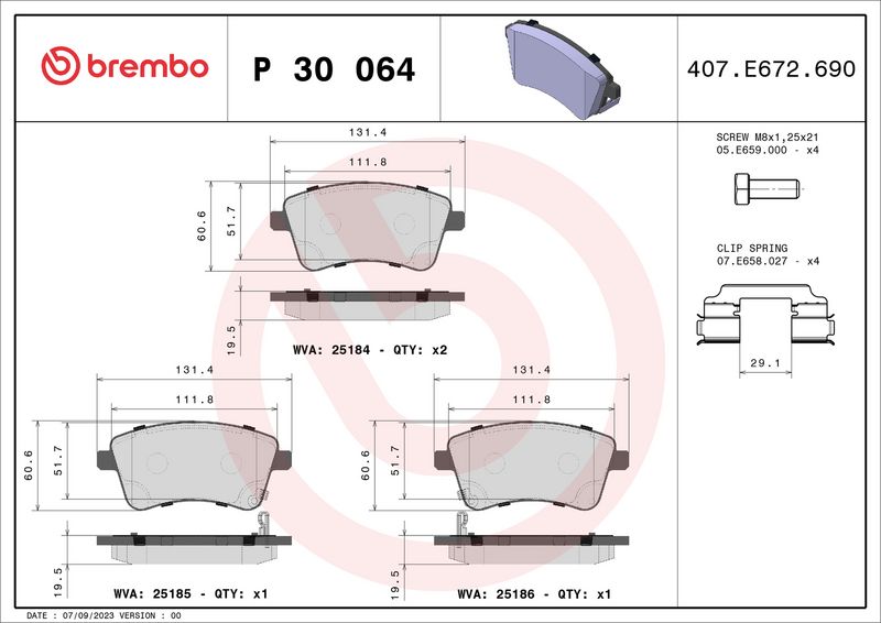 Zestaw klocków hamulcowych, hamulce tarczowe BREMBO P 30 064