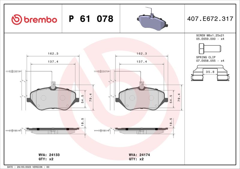 Zestaw klocków hamulcowych, hamulce tarczowe BREMBO P 61 078
