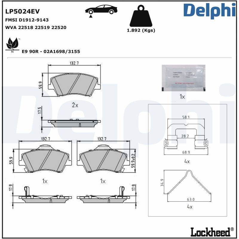 Zestaw klocków hamulcowych, hamulce tarczowe DELPHI LP5024EV