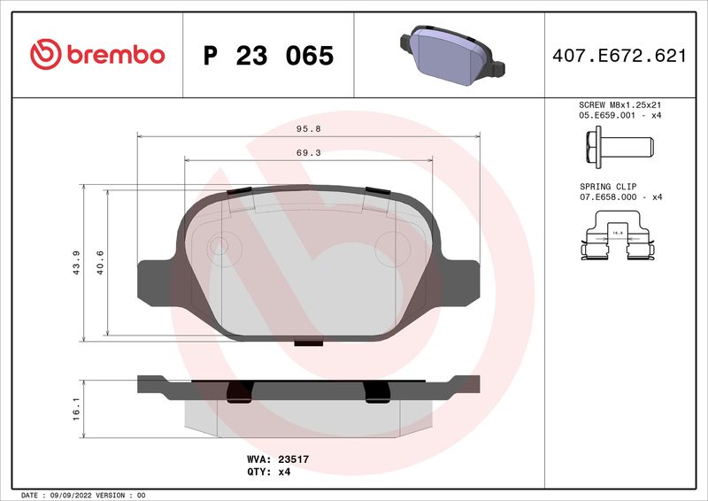 Zestaw klocków hamulcowych, hamulce tarczowe BREMBO P 23 065