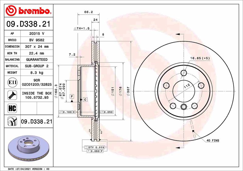 Tarcza hamulcowa BREMBO 09.D338.21