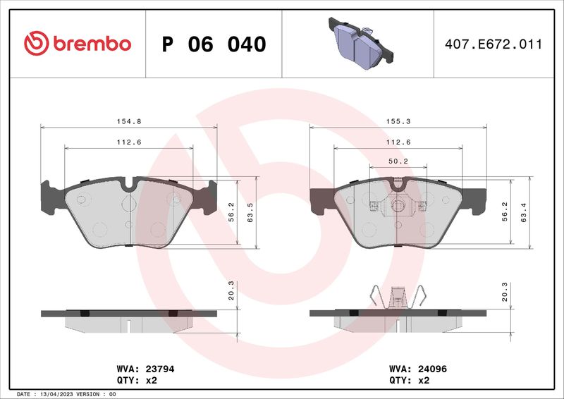 Zestaw klocków hamulcowych, hamulce tarczowe BREMBO P 06 040