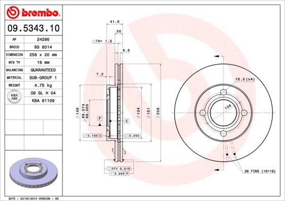 Tarcza hamulcowa BREMBO 09.5343.10