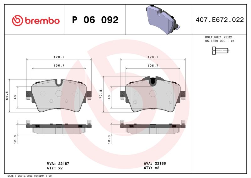 Zestaw klocków hamulcowych, hamulce tarczowe BREMBO P 06 092