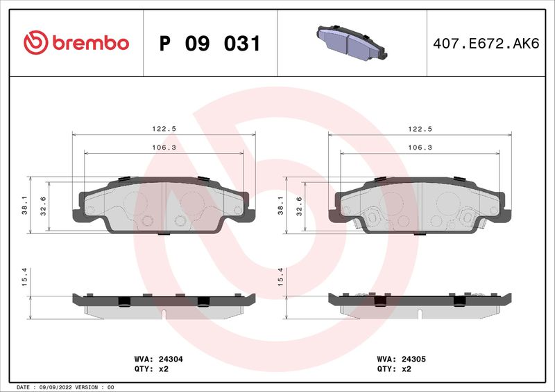 Zestaw klocków hamulcowych, hamulce tarczowe BREMBO P 09 031