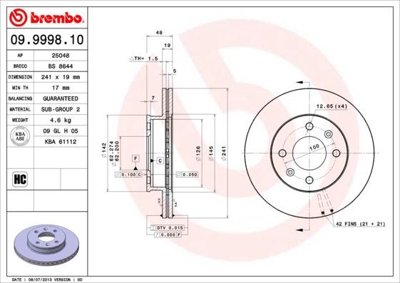 Tarcza hamulcowa BREMBO 09.9998.10