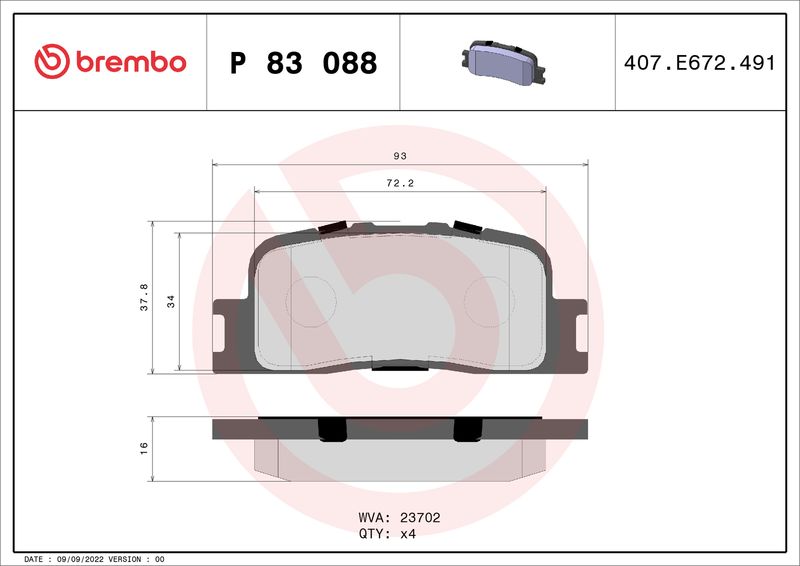 Zestaw klocków hamulcowych, hamulce tarczowe BREMBO P 83 088