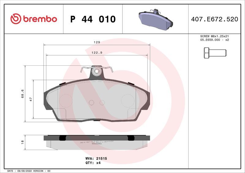 Zestaw klocków hamulcowych, hamulce tarczowe BREMBO P 44 010