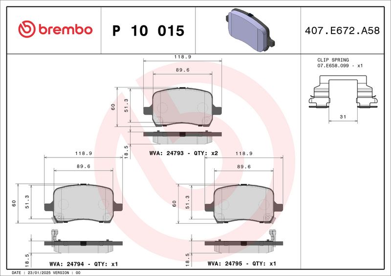 Zestaw klocków hamulcowych, hamulce tarczowe BREMBO P 10 015