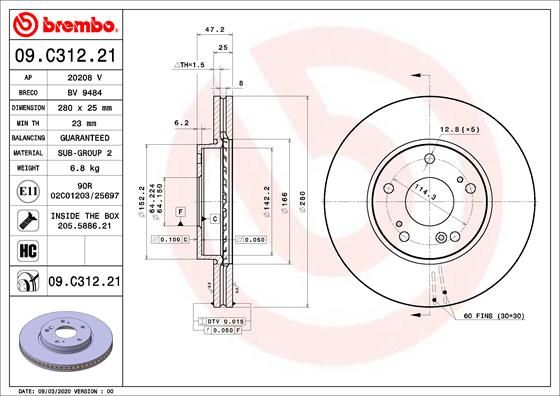 Tarcza hamulcowa BREMBO 09.C312.21